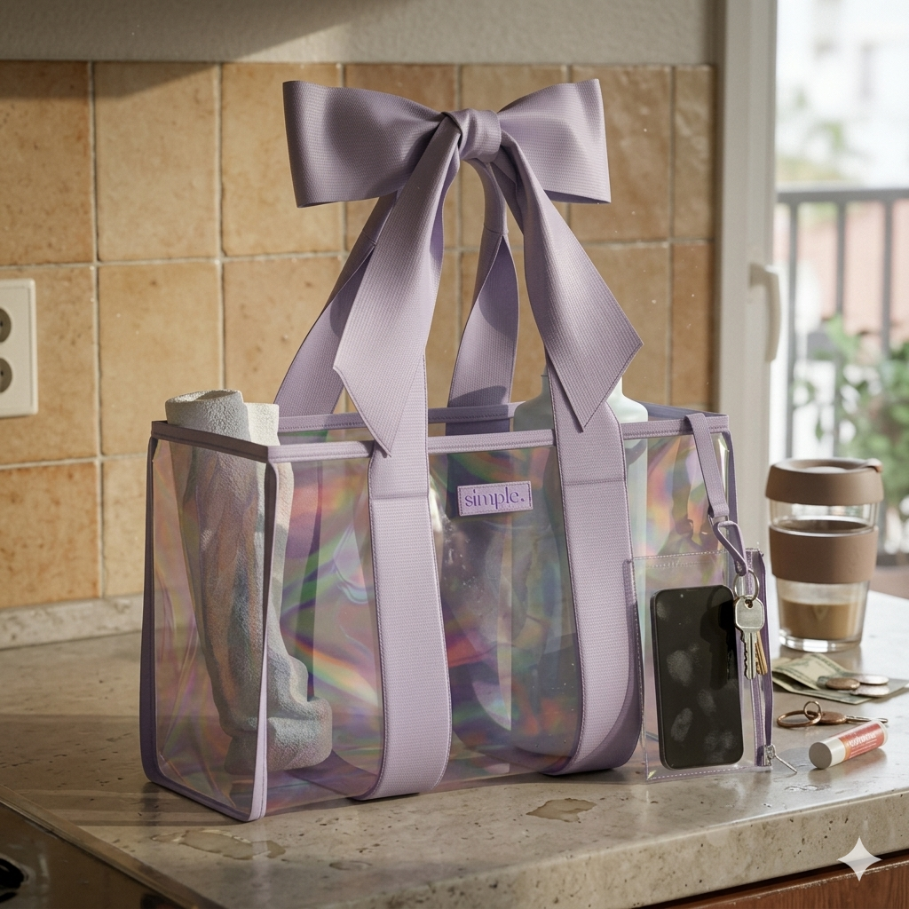 Purple Waterproof Beach Tote Bag with Phone Pouch – Aesthetic Prism Bubble & Bow