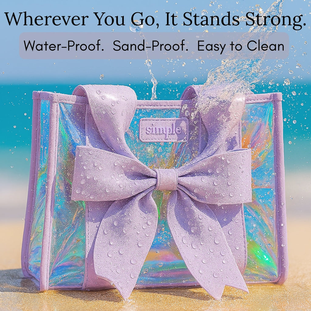 Purple Waterproof Beach Tote Bag with Phone Pouch – Aesthetic Prism Bubble & Bow