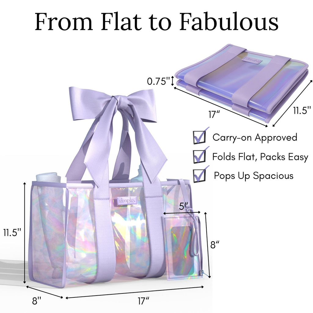 Purple Waterproof Beach Tote Bag with Phone Pouch – Aesthetic Prism Bubble & Bow